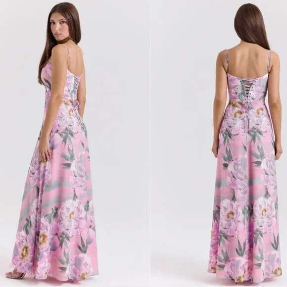 HOUSE OF CB 'Seren' Pink Floral Print Lace Back Maxi Dress NWOT -  conticontadores.com.br